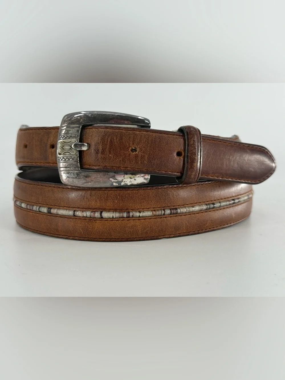 Vintage Brighton‎ Brown Leather Mother of Pearl Beaded Belt 38